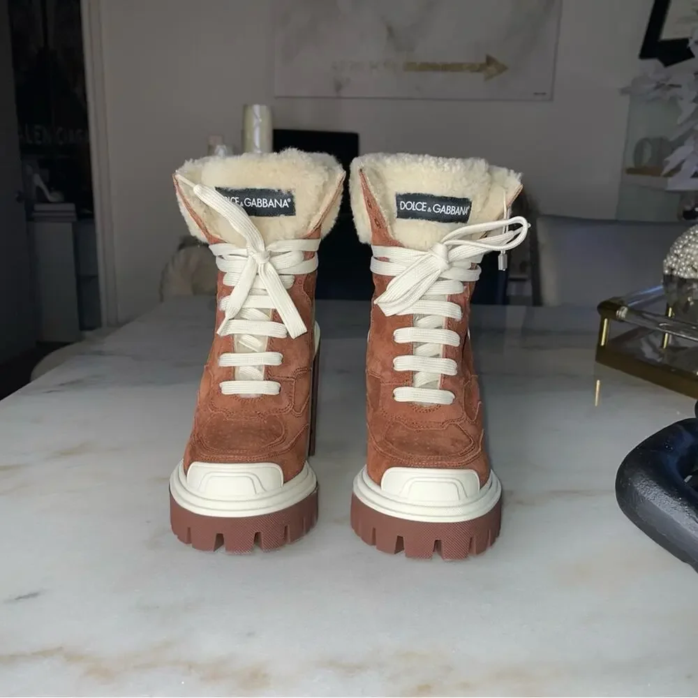 New Dolce & Gabbana Trekking Shearling Biker Ankle Boots in Burnt Brown/Neutral - Picture 7 of 12